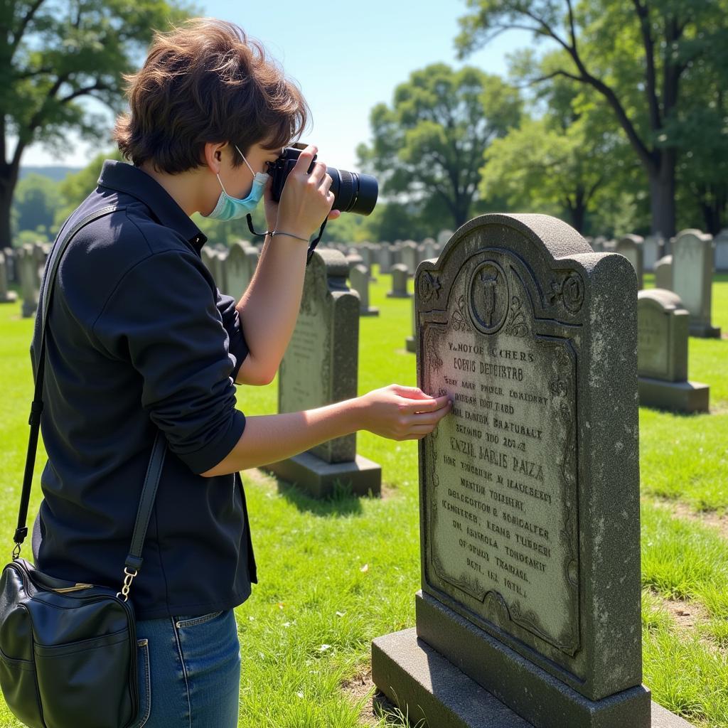 Volunteer photographing a gravestone for cemetery mapping project