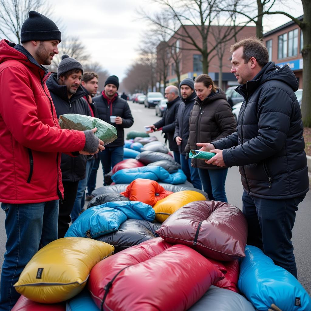 Volunteers handing out sleeping bags and supplies