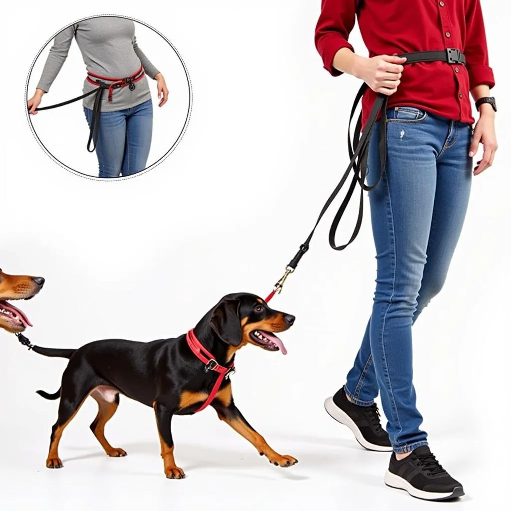 Hands-free leash for two dogs using a waist belt