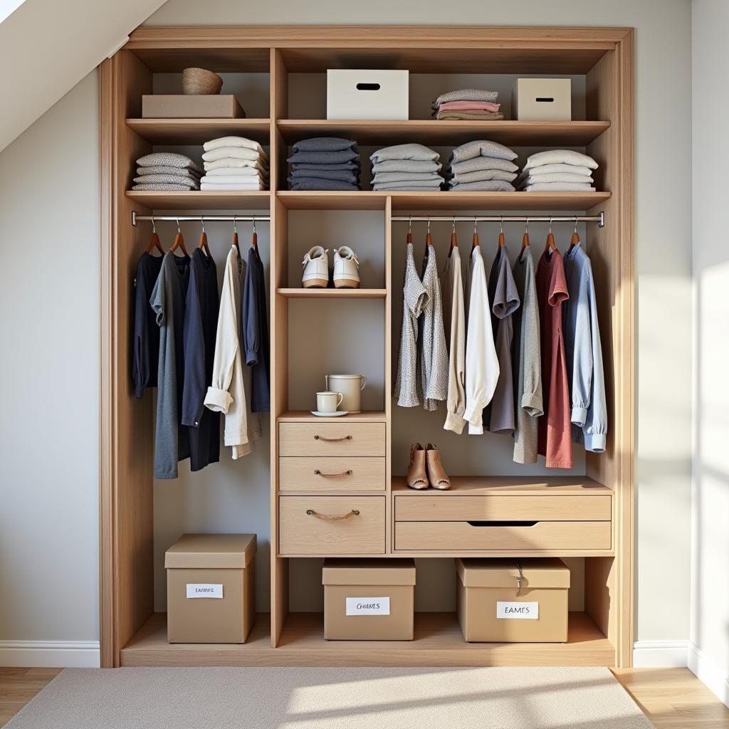 Clever storage solutions for maximizing space inside a wardrobe with a sloping ceiling