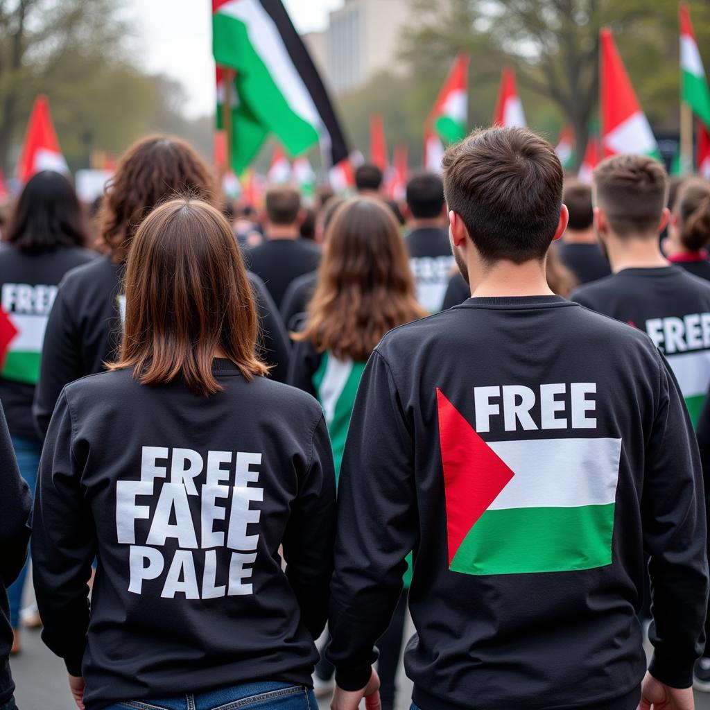 People wearing Free Palestine long sleeve shirts at a rally