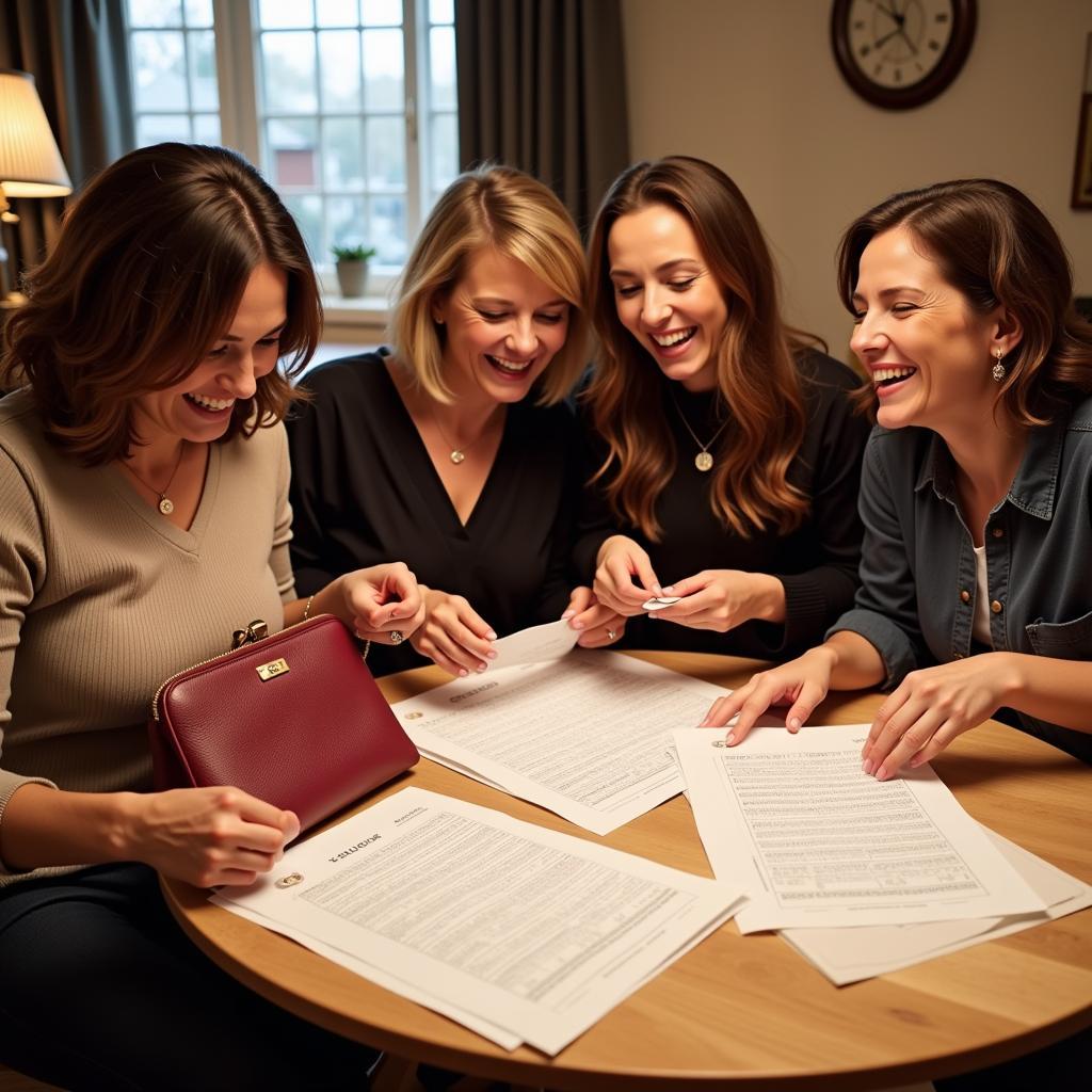 Group of friends laughing while playing "What's in your purse?" game using a printable sheet