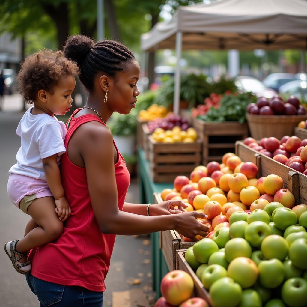 Widow and her young child selecting fresh fruit at a farmers' market