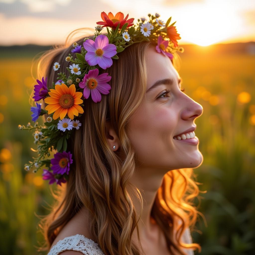 Woman with wildflowers in her hair