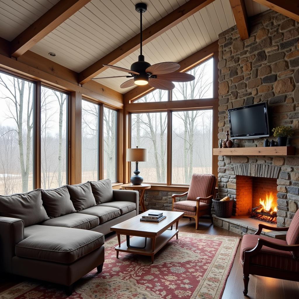 A cozy winterized screen room featuring clear vinyl windows and a fireplace.