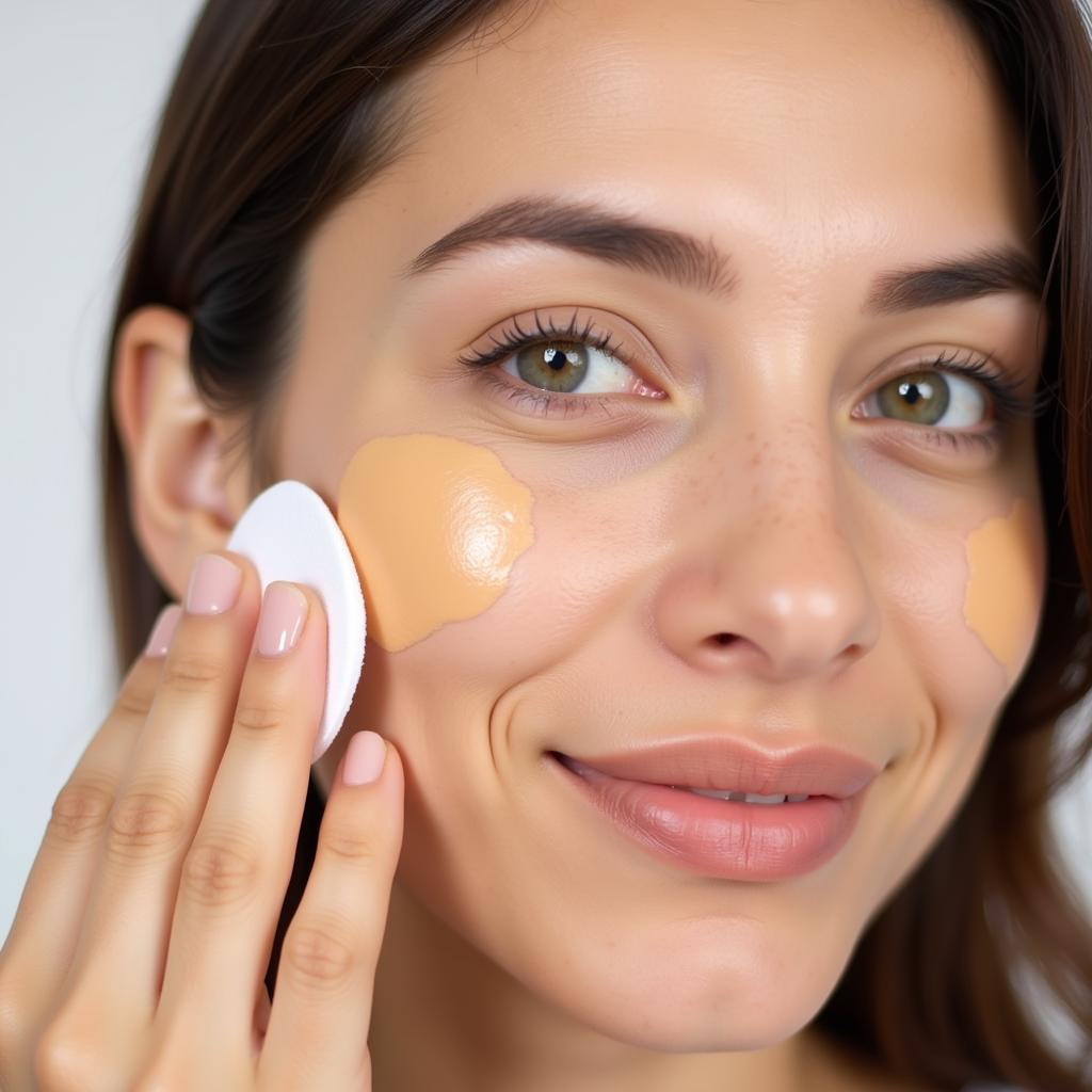 Woman Applying CC Oil Free Matte Foundation with a Makeup Sponge