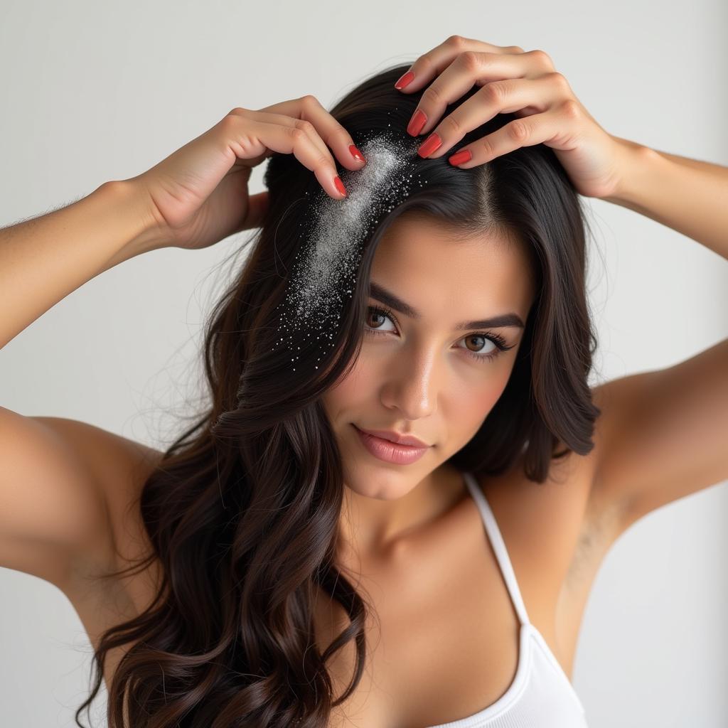 A woman applying dry shampoo to her roots