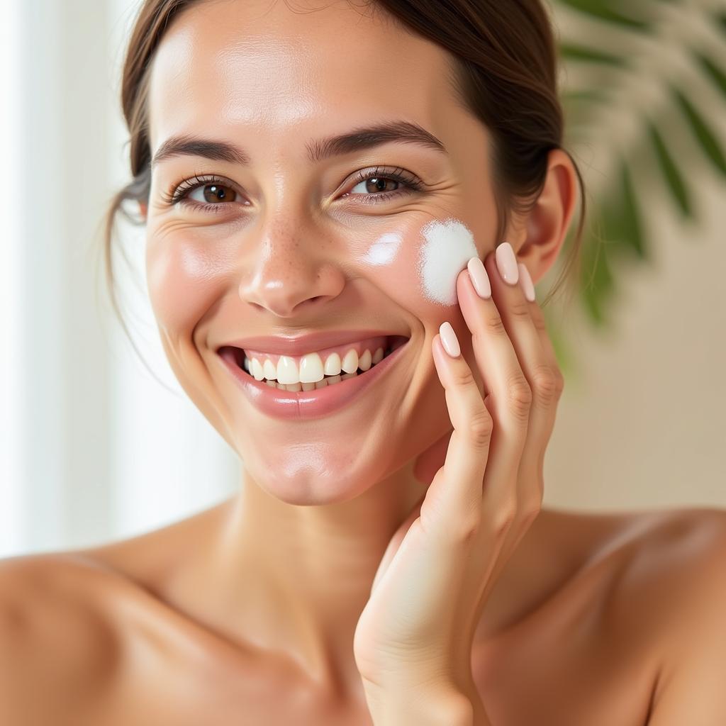 A woman smiles as she applies Manyo Factory Free Sun Cream Moisture