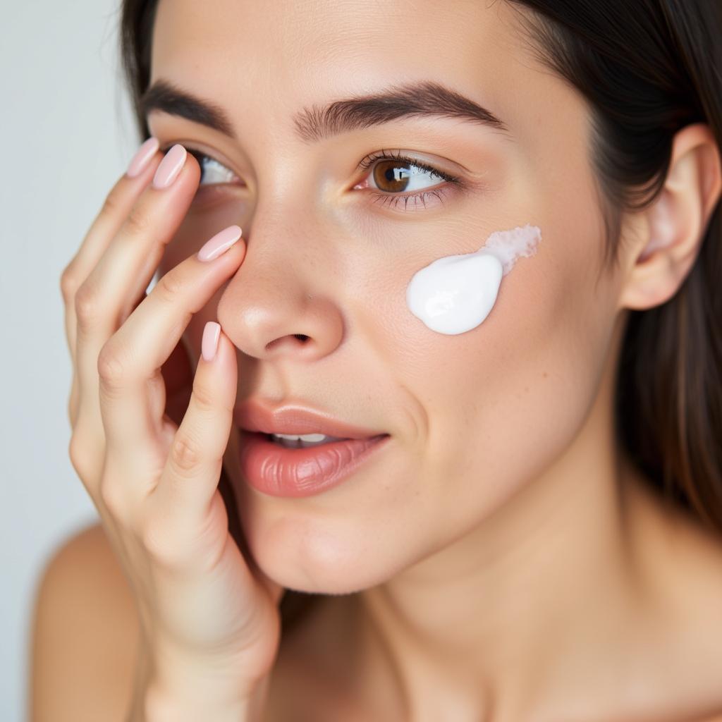  A woman carefully applies wrinkle cream to her face using her ring finger, showcasing the importance of gentle application for optimal results.