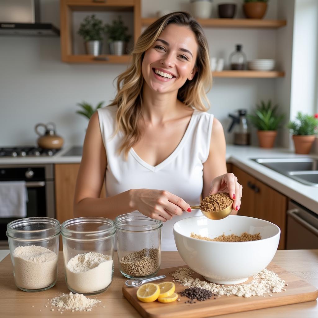 A woman smiles while measuring ingredients to bake gluten-free bread in her kitchen