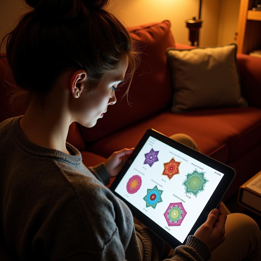 Woman Browsing Crochet Diagrams on Tablet