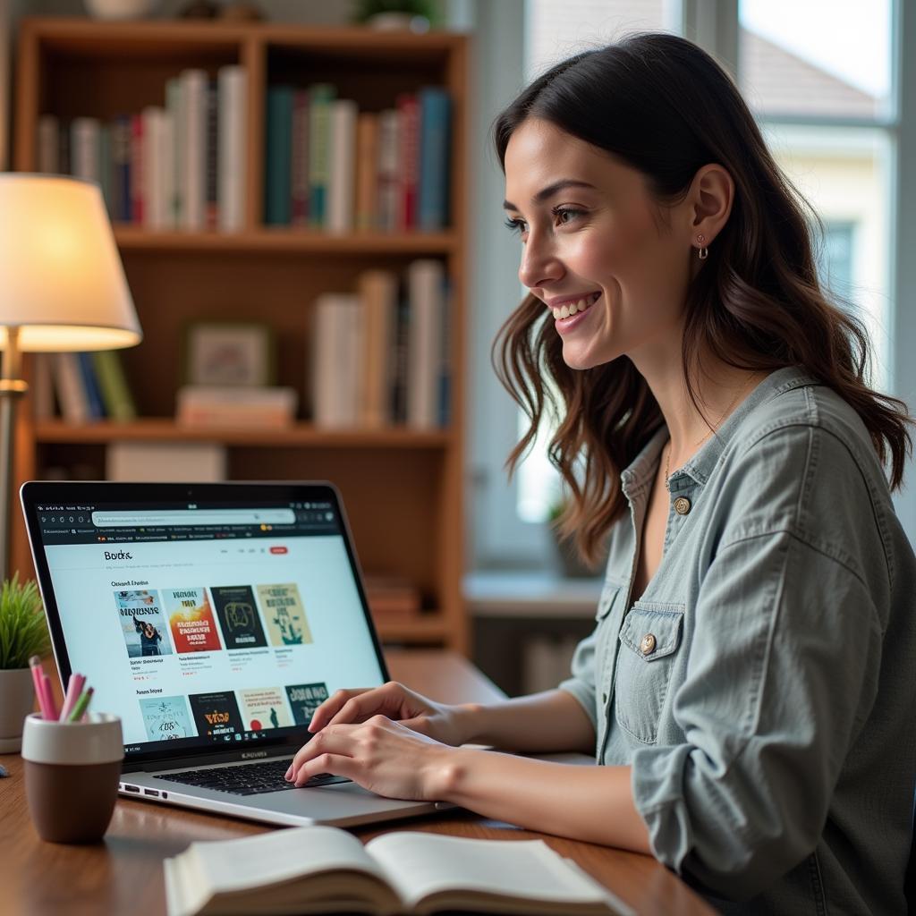 Woman browsing a selection of free e-books on her laptop, smiling as she finds one that catches her eye.