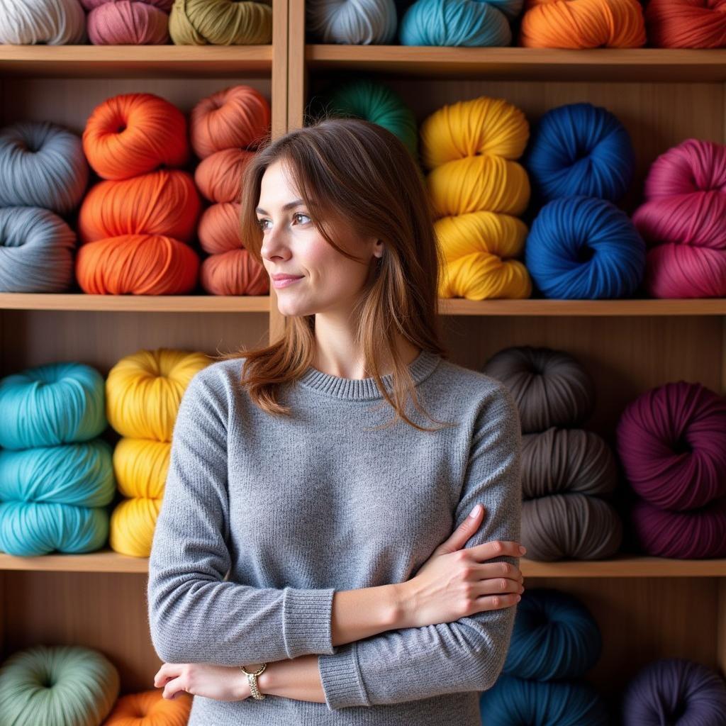 woman selecting yarn from a variety of colorful skeins