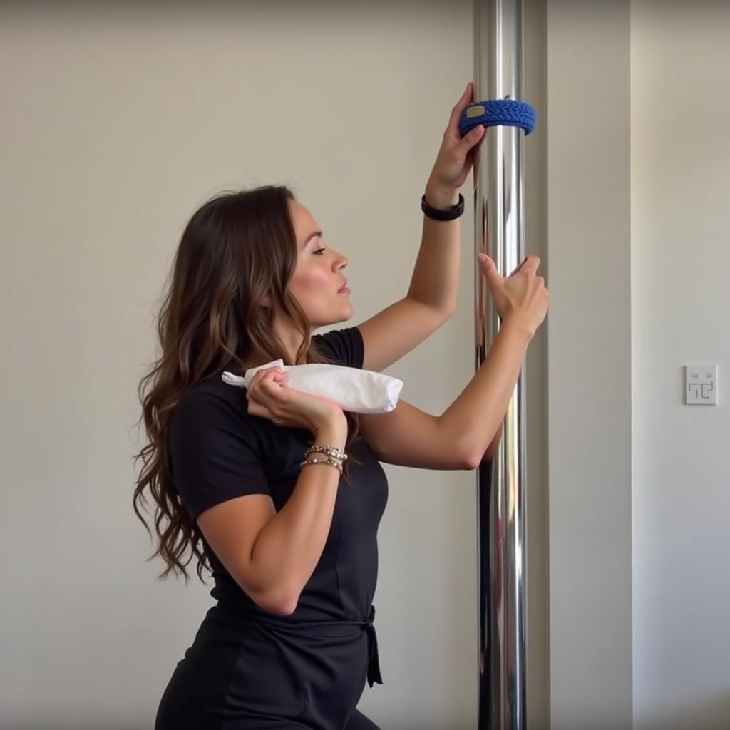 A woman carefully cleans her free-standing pole with a microfiber cloth and specialized cleaning solution.