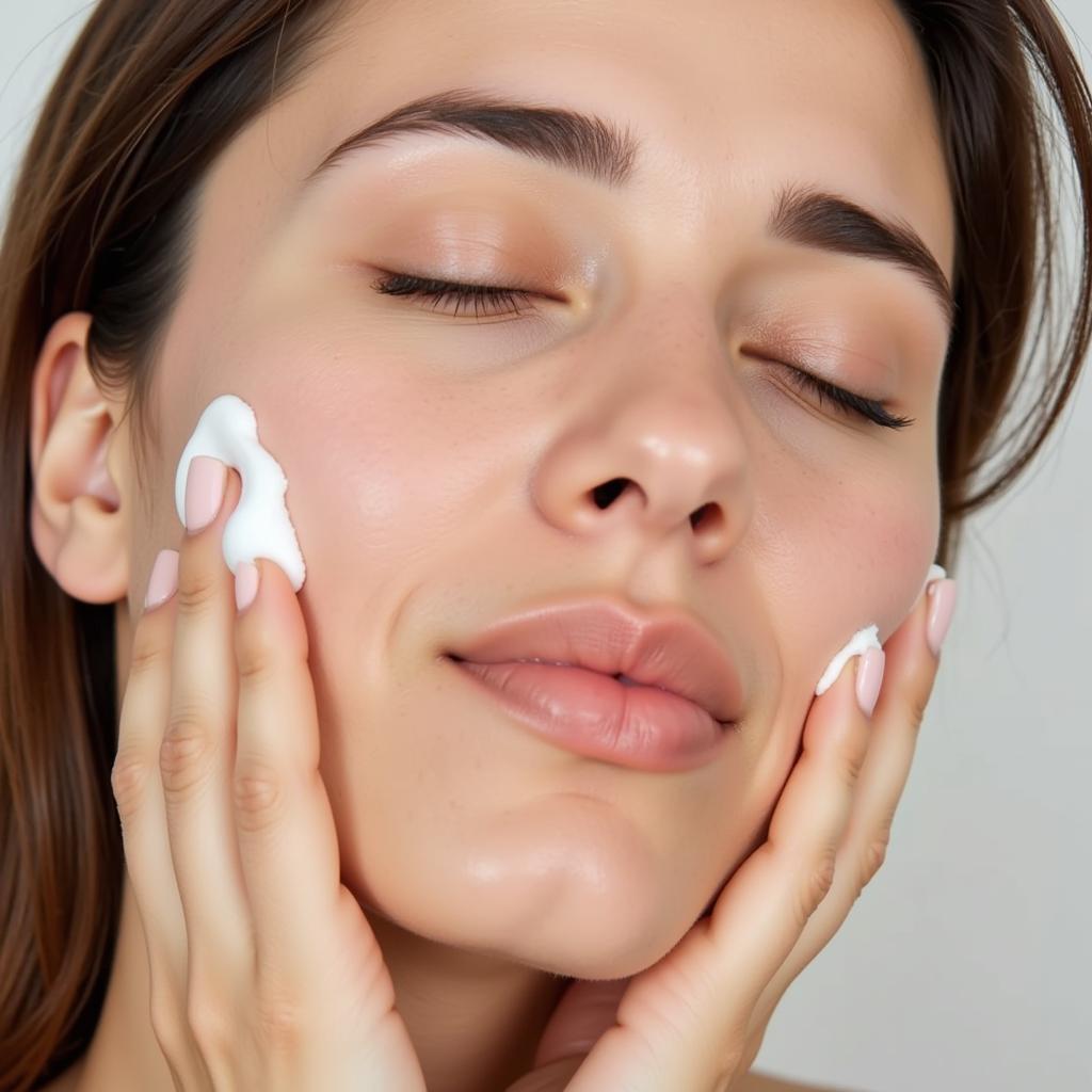 A woman gently cleanses her face