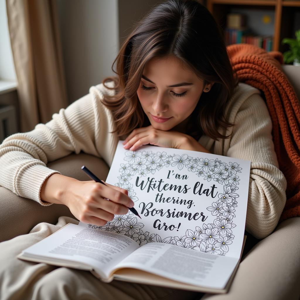 A woman sitting comfortably on a couch, deeply engrossed in coloring a page with a Bible verse.