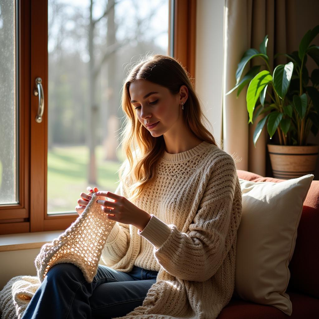 A woman crocheting a filet blanket with a serene backdrop