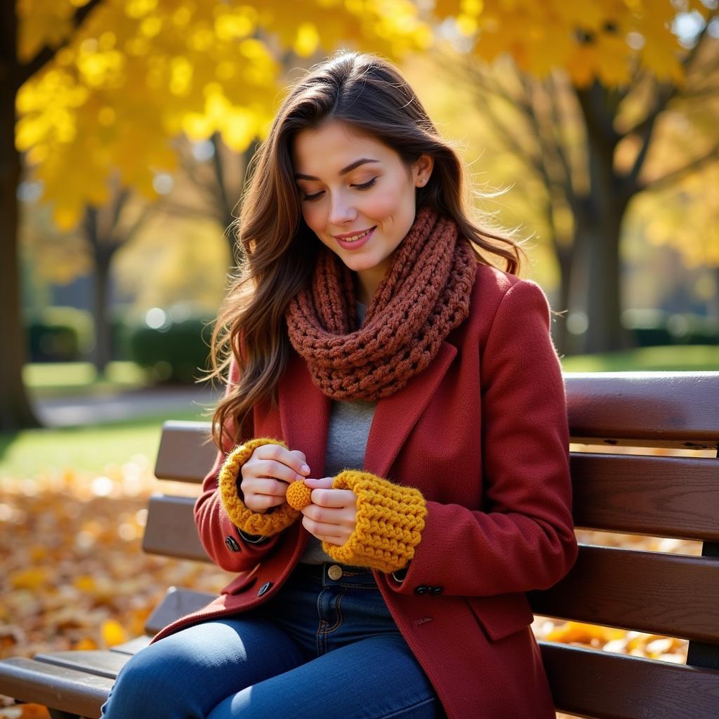 Woman crocheting a hand muff outdoors