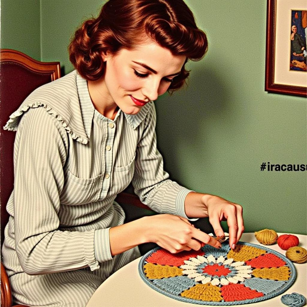 Woman Crocheting a Vintage Potholder