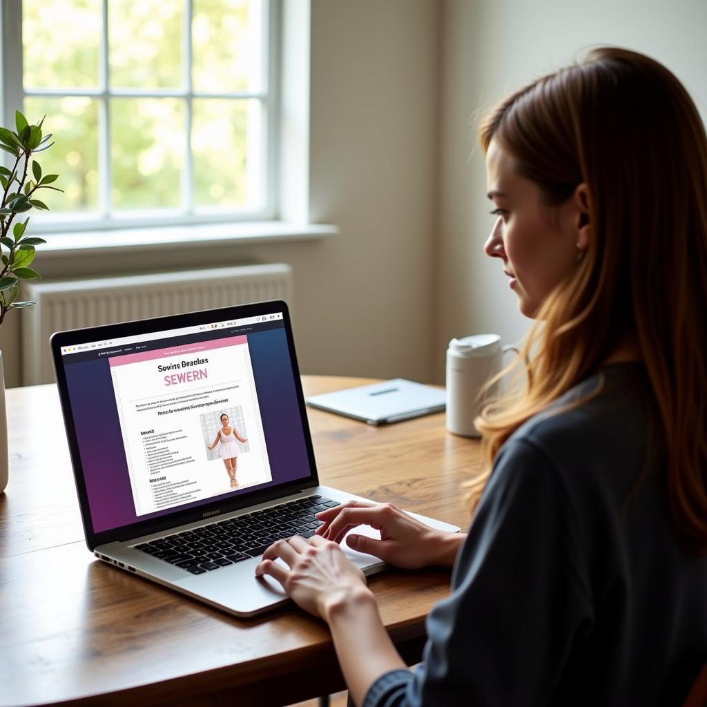 Woman downloading a sewing pattern on a laptop