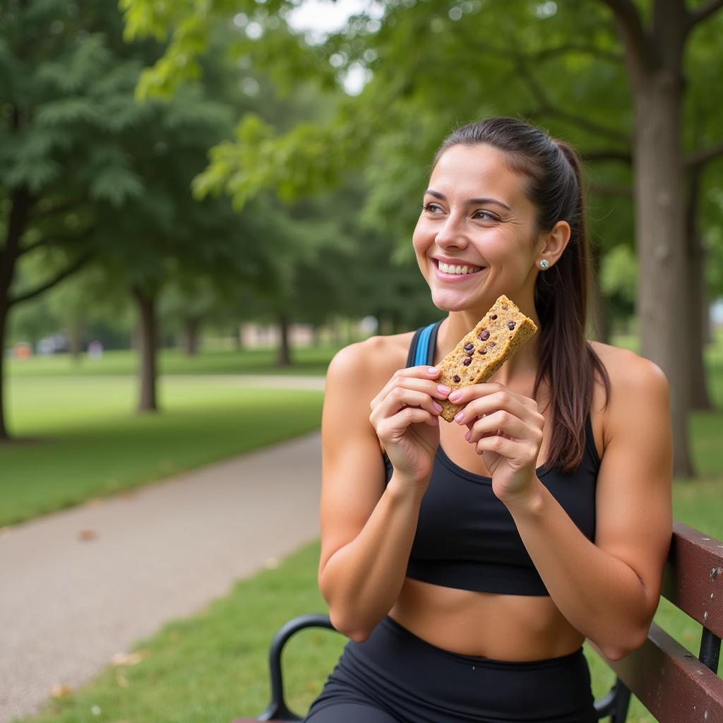 Woman enjoying a protein bar after her workout