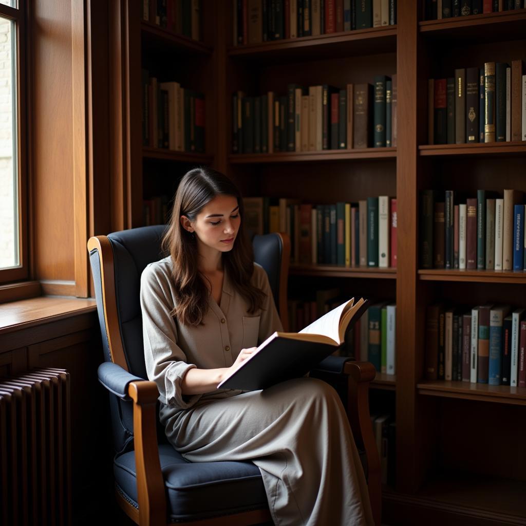 Woman peacefully reading a book in a library