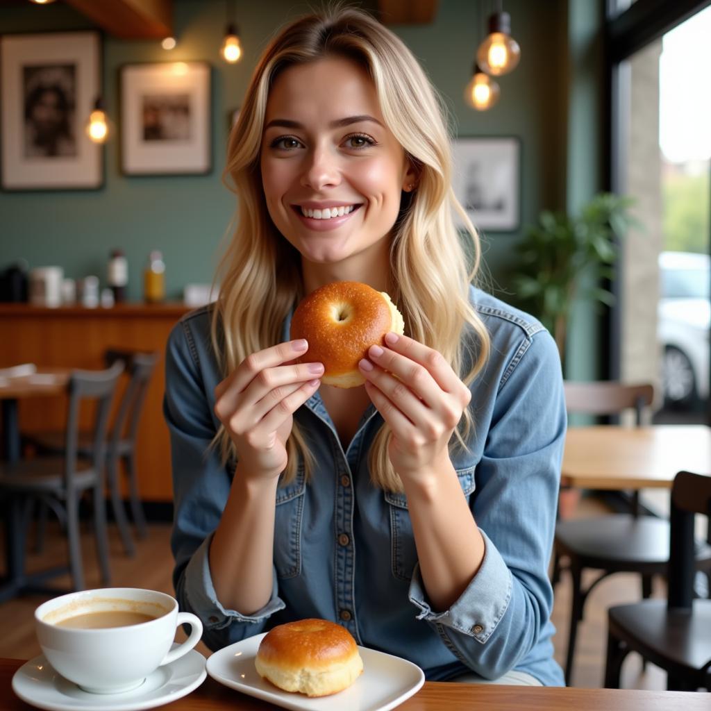 Woman Enjoying a Gluten-Free Honey Bun in a Cafe