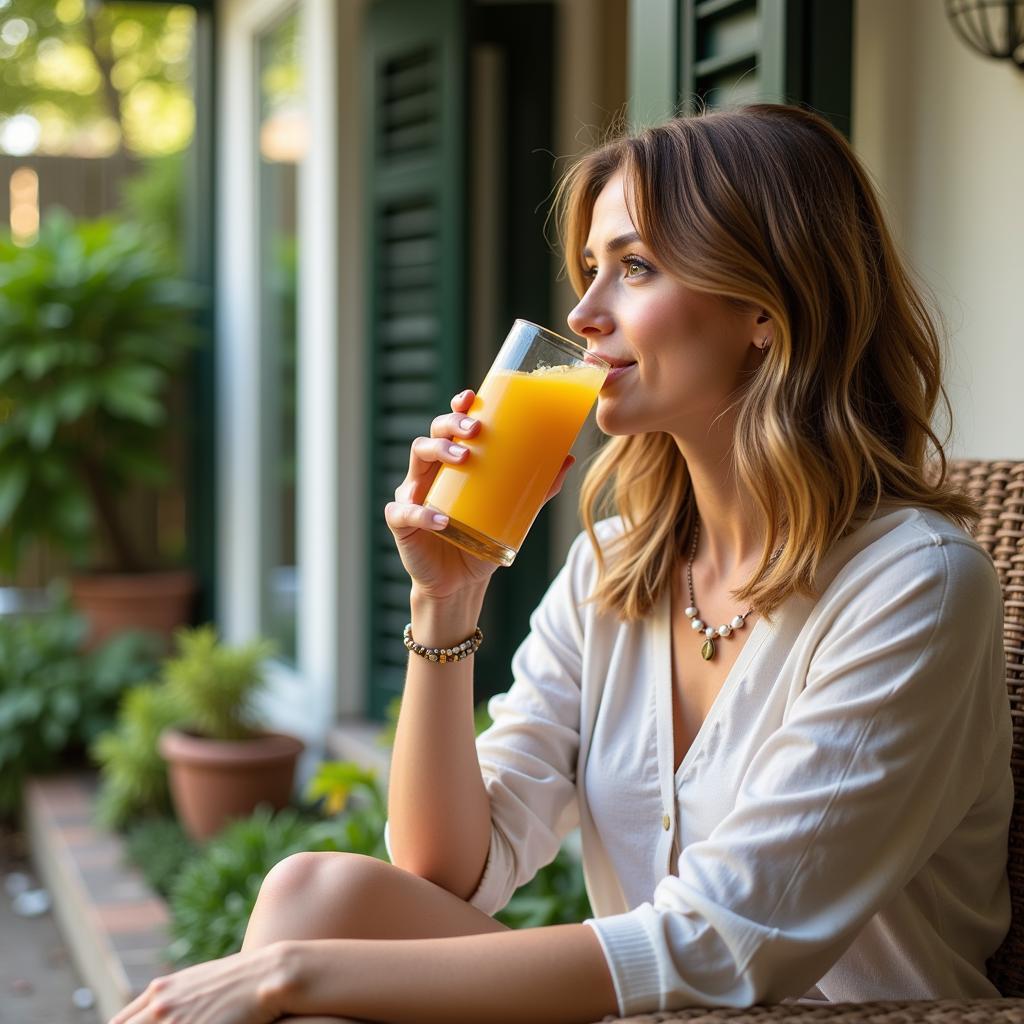 Woman Sipping Bai Drink on Patio