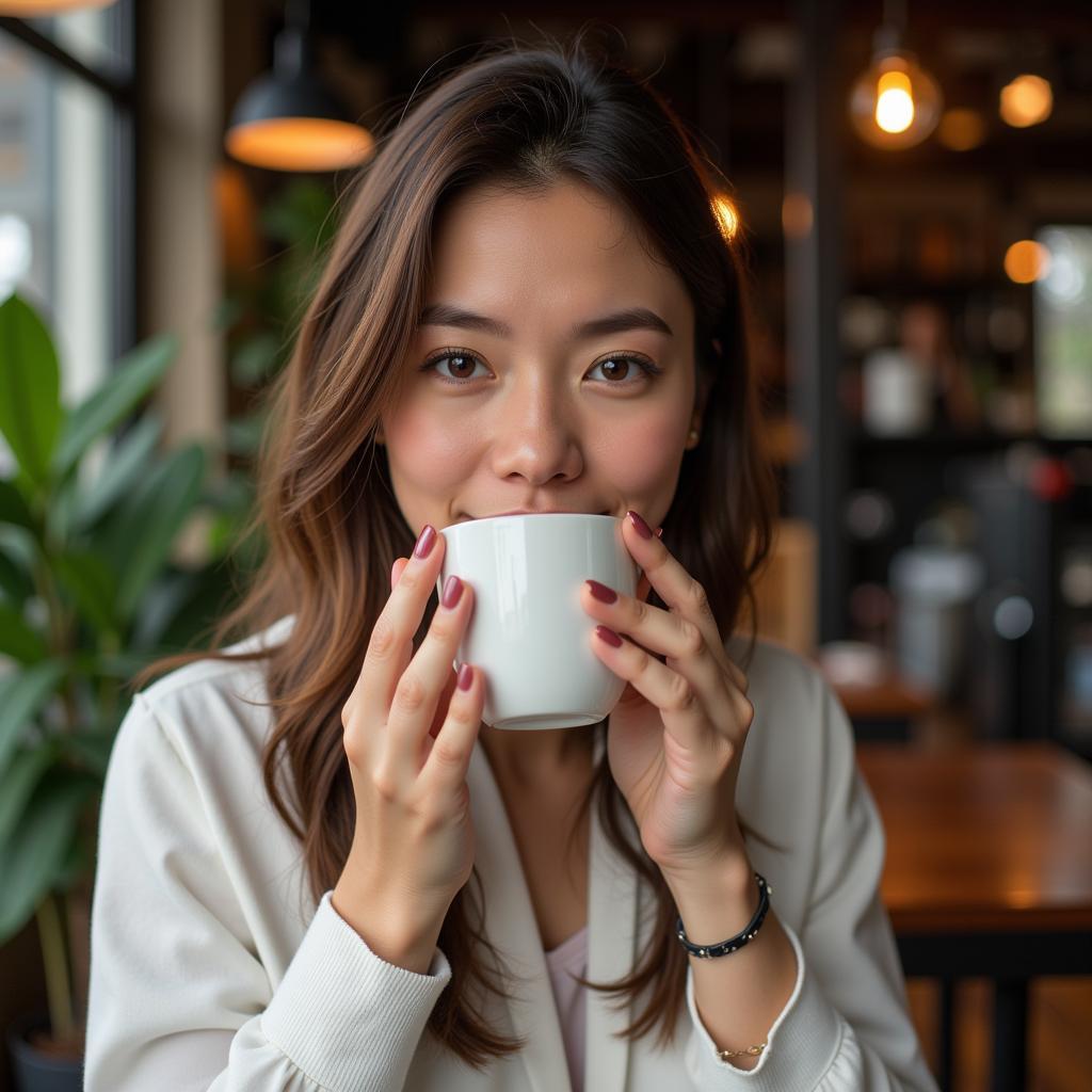 A woman enjoying a cup of coffee