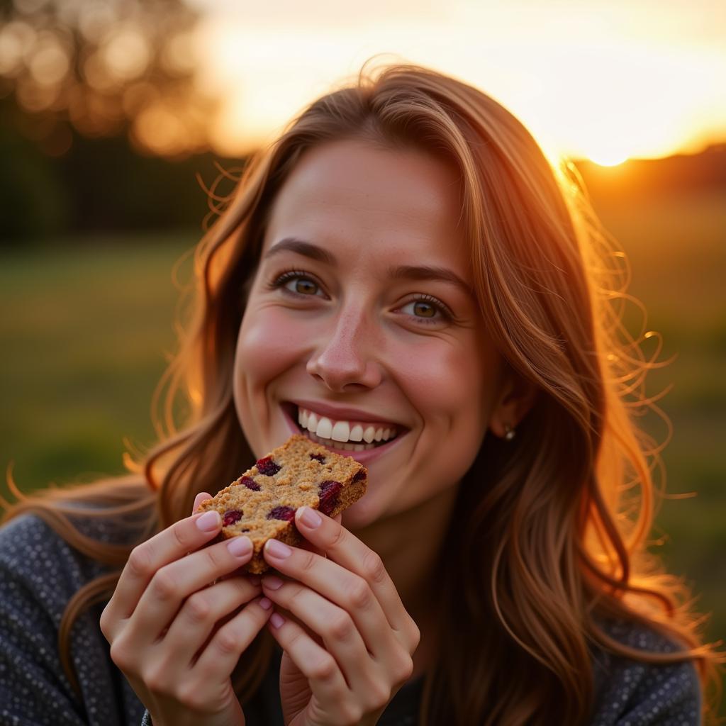 A woman smiling and enjoying a gluten-free cranberry bar.