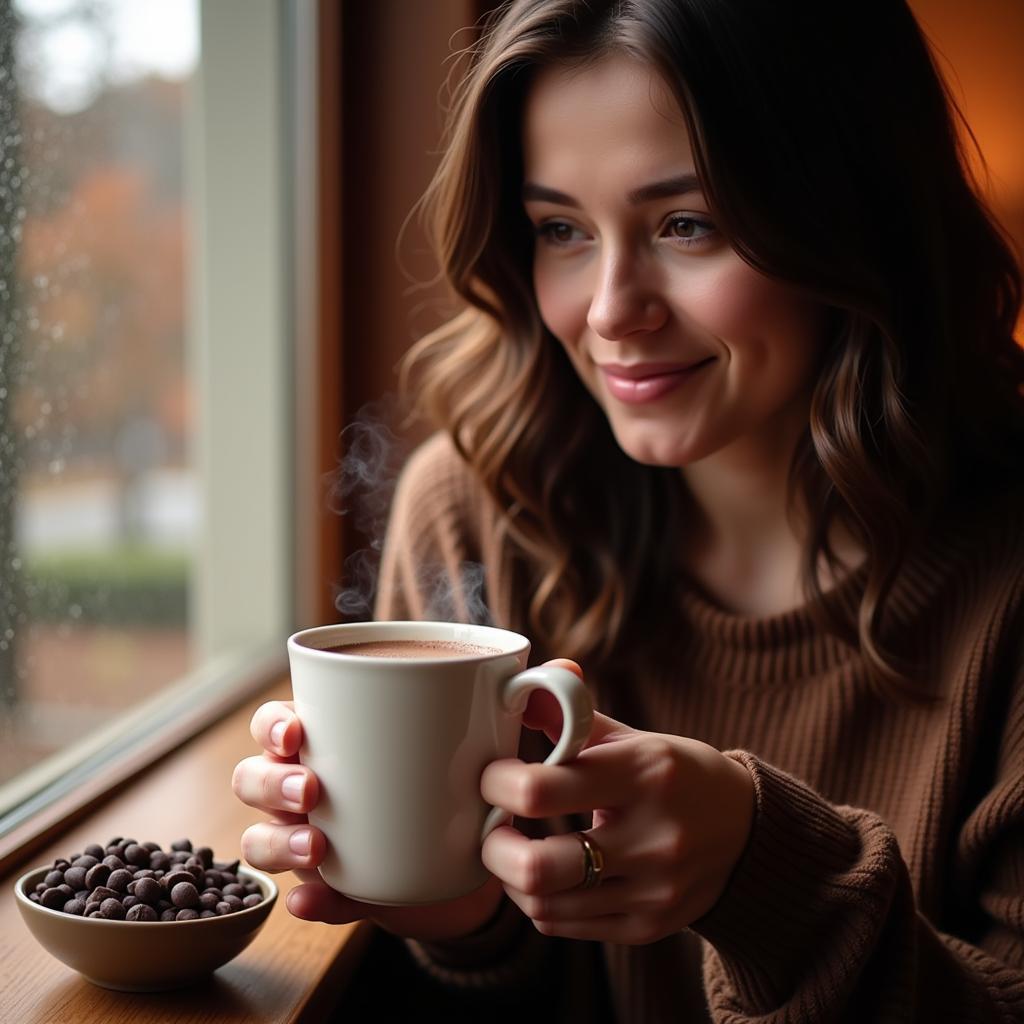 A woman enjoying a cup of dairy-free sugar-free hot chocolate.