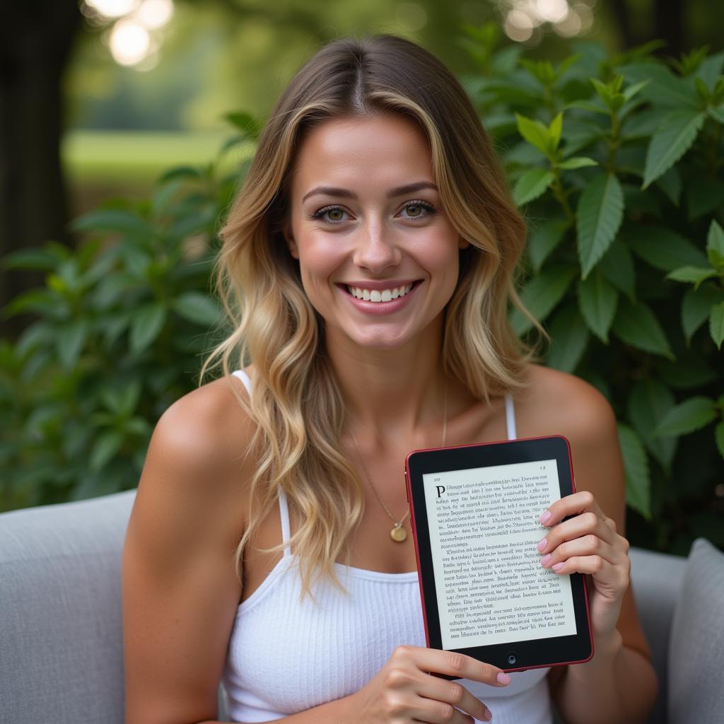 A woman relaxes on a sunlit patio, engrossed in a romance novel on her tablet.