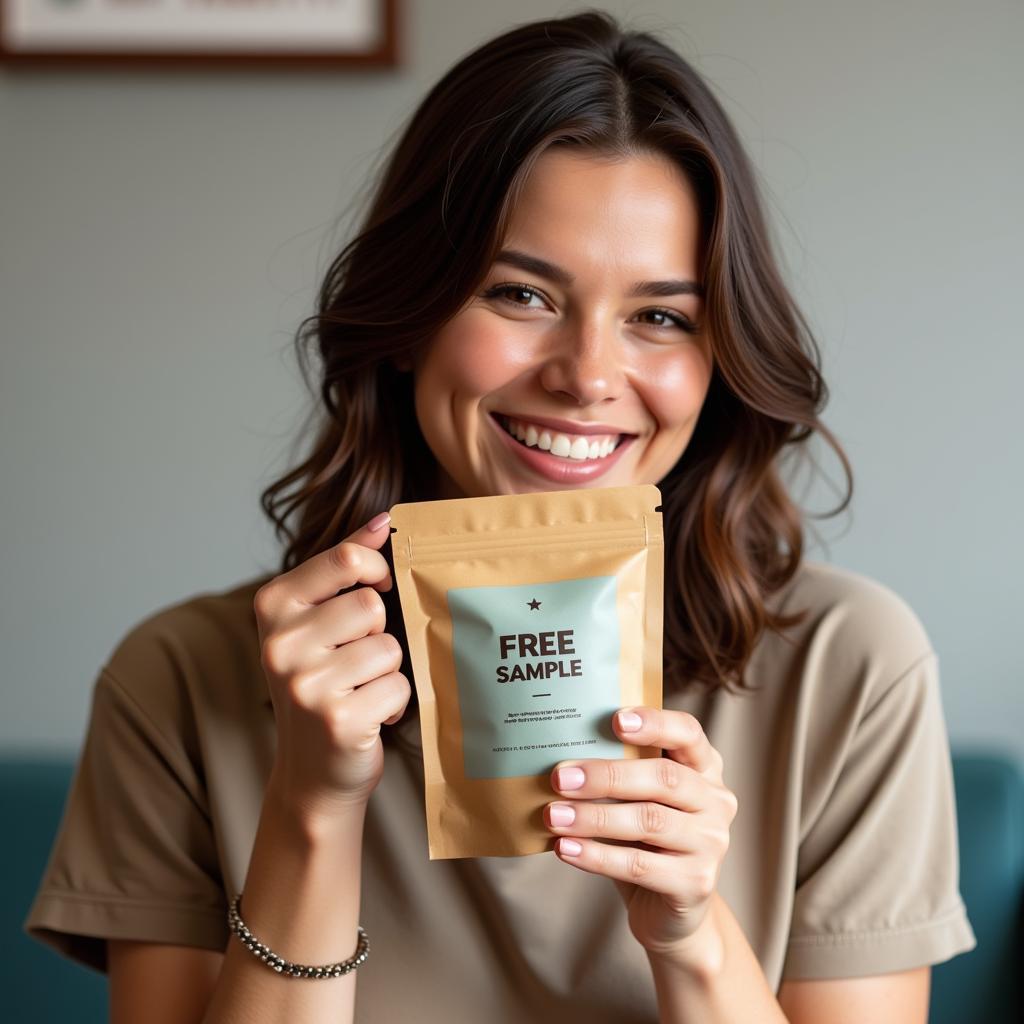 Woman Sipping Coffee from a Sample Bag