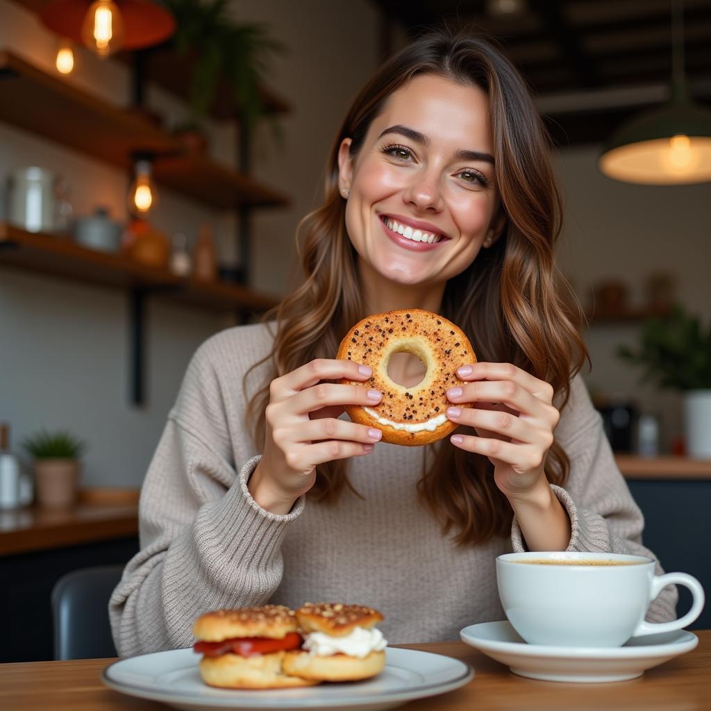 A woman smiles while taking a bite of a gluten-free bagel with cream cheese, a cup of coffee beside her.