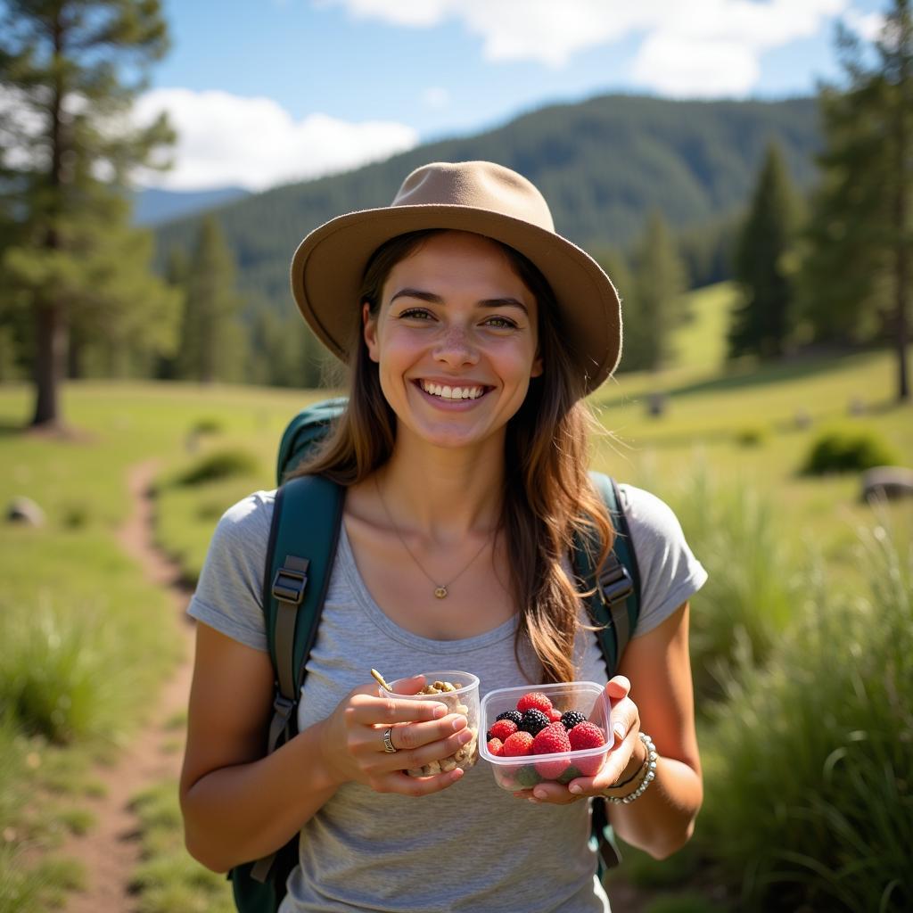 Woman enjoying a gluten and lactose free snack break during a hike