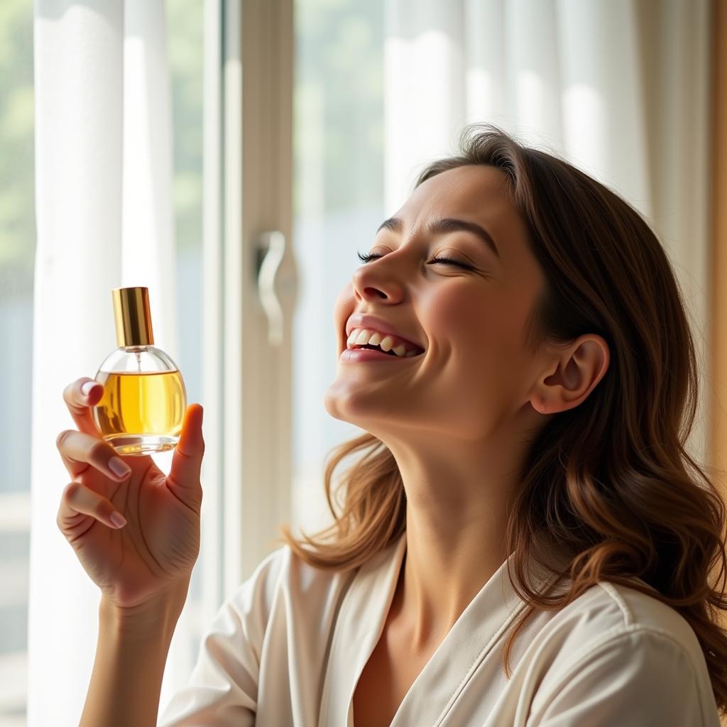 A woman enjoying the scent of her phthalate free perfume