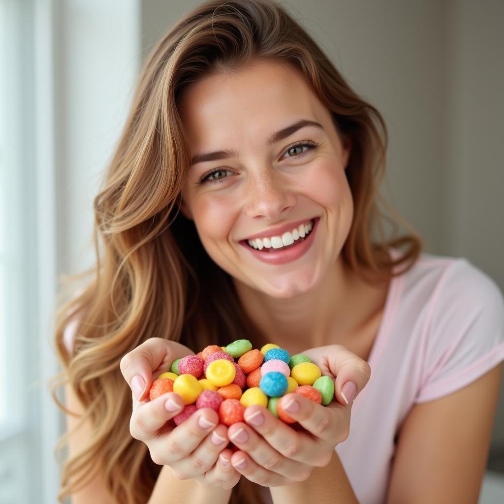 A woman smiling while eating sugar-free candy