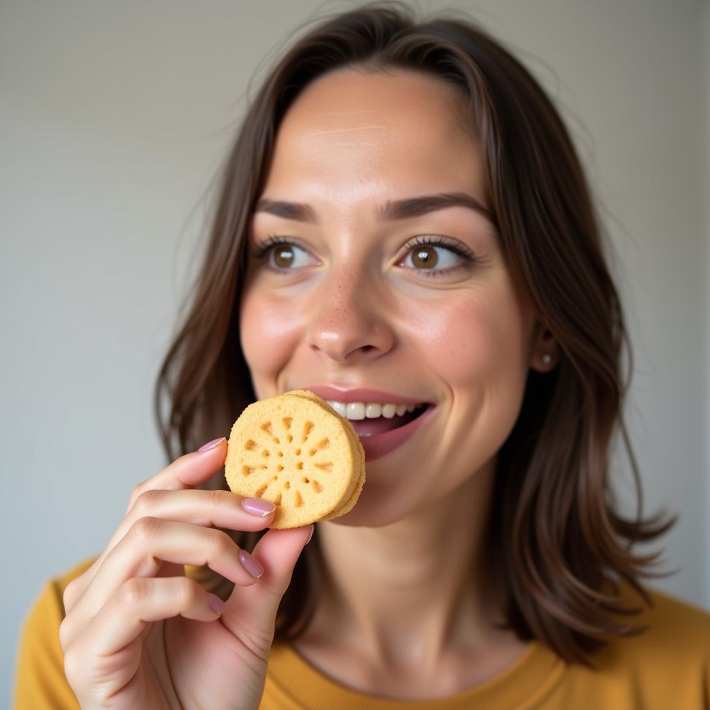 A Woman Smiling While Enjoying a Sugar-Free Jawbreaker