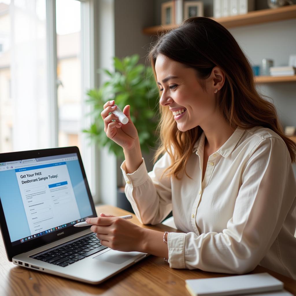 A woman smiles while filling out an online form to receive free deodorant samples.