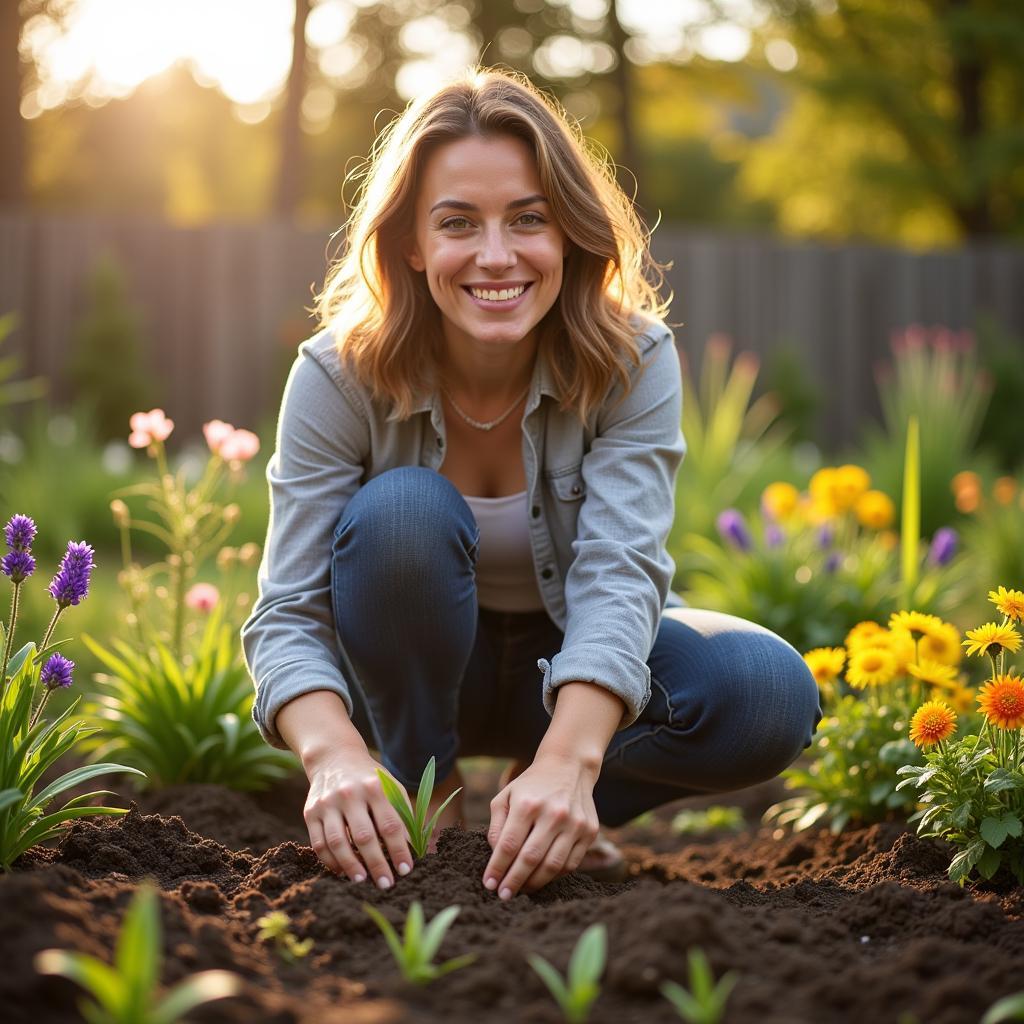 A woman smiles while planting flower seeds in her garden