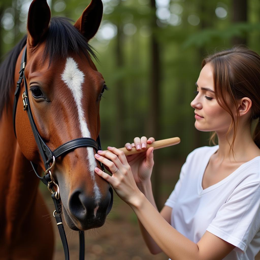 Woman carefully grooms a rescued horse, building trust and connection.