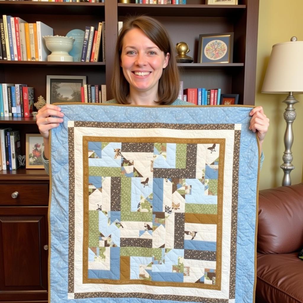 Woman proudly displays her completed Walk About quilt