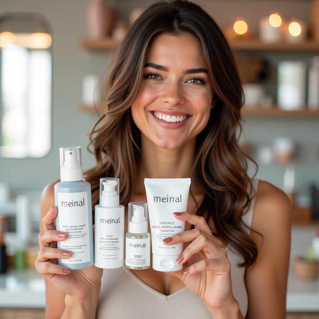  A woman smiling while holding a free skincare kit.