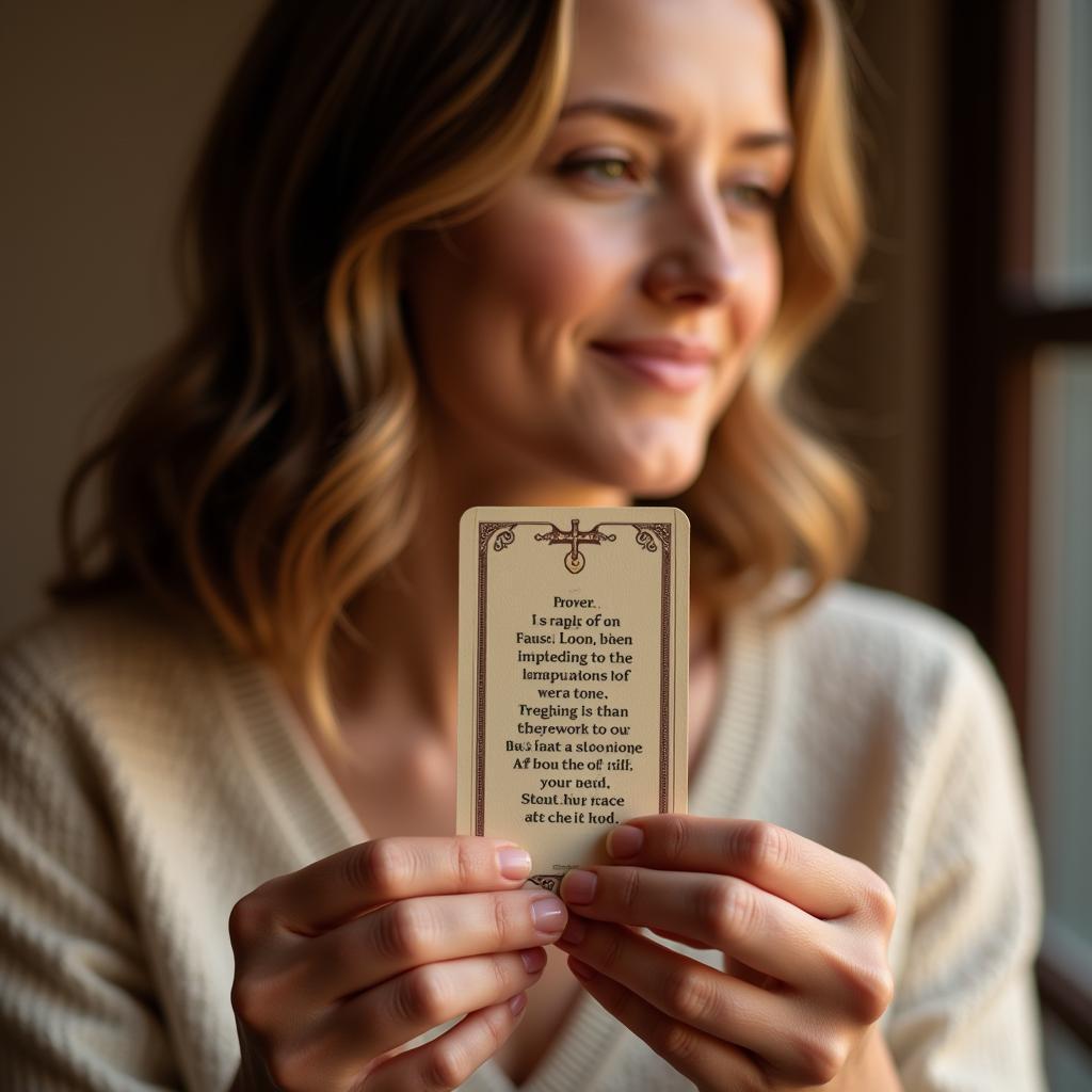 Woman Holding a Pocket Prayer Card