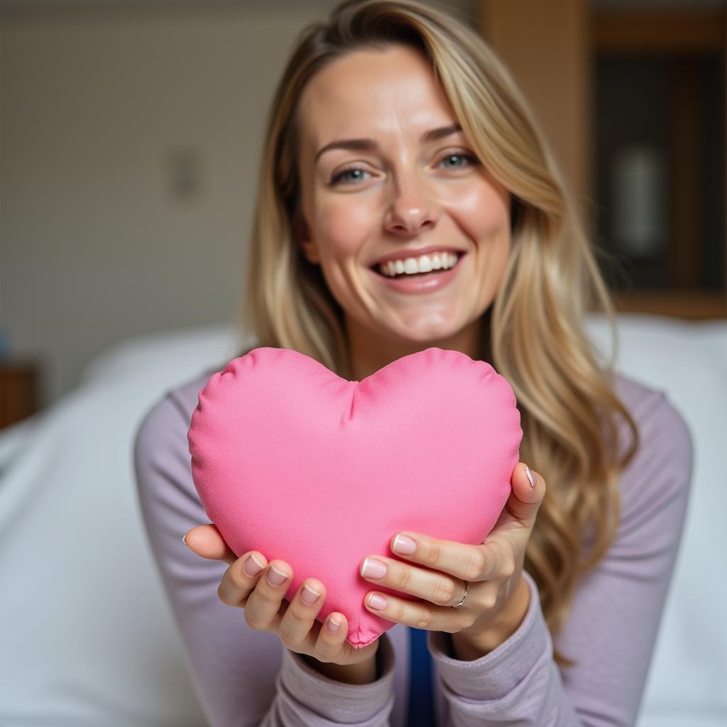 Cancer patient holding a heart-shaped port pillow