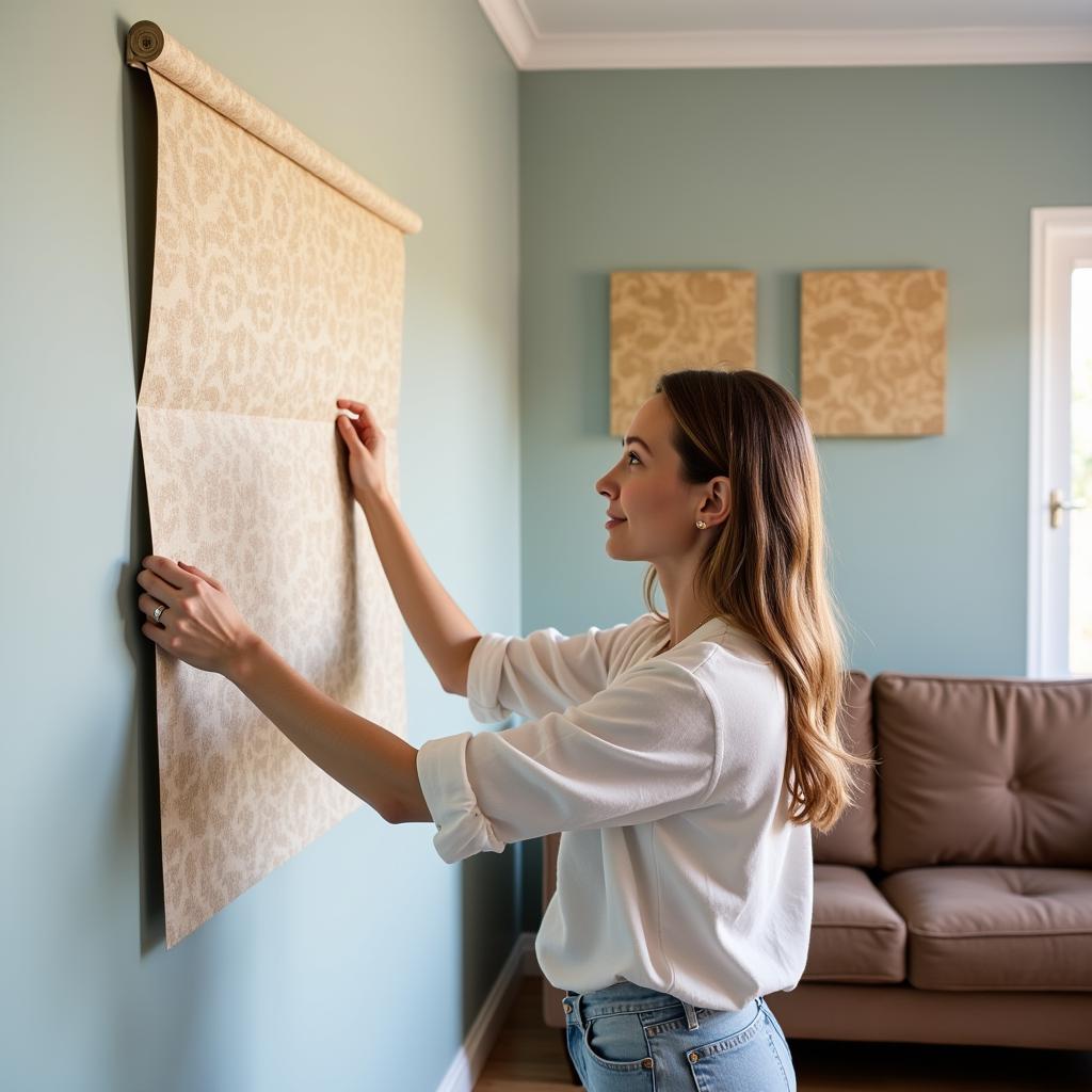 Woman comparing wallpaper samples in her living room