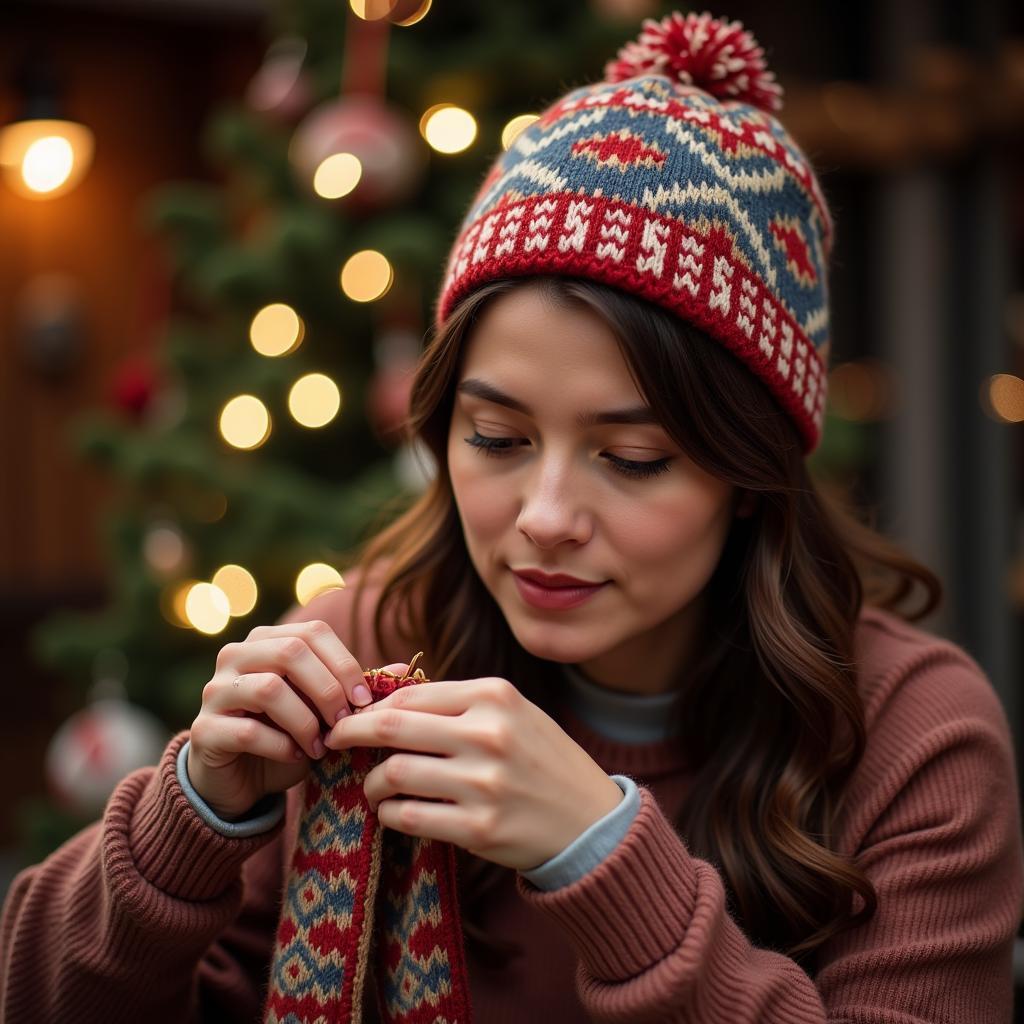 A woman knitting a Fair Isle hat with circular needles.