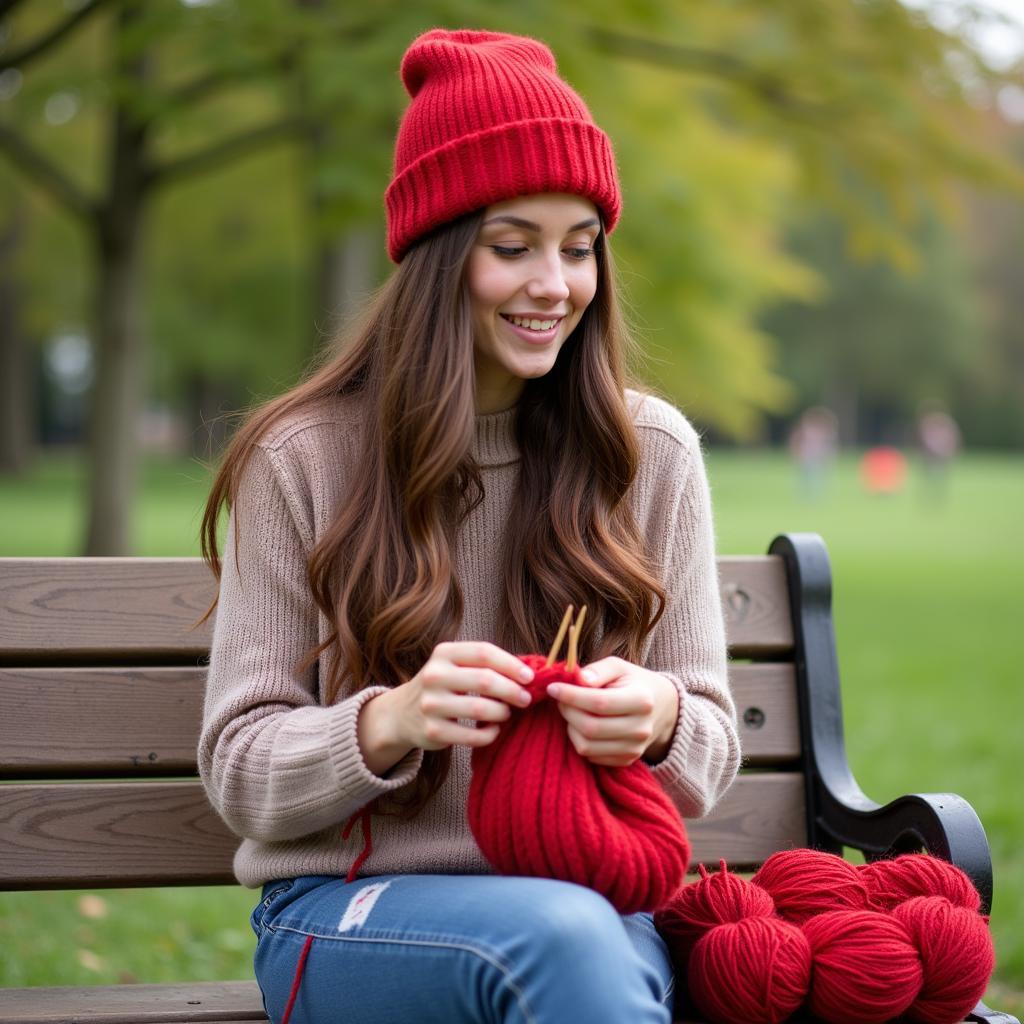 Woman Knitting a Hat Outdoors