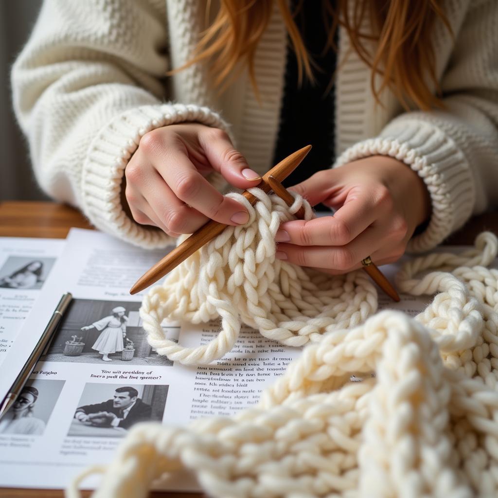 Woman knitting a jacket following a pattern