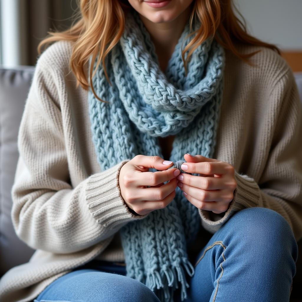 Woman knitting a Nordic pattern scarf with circular needles